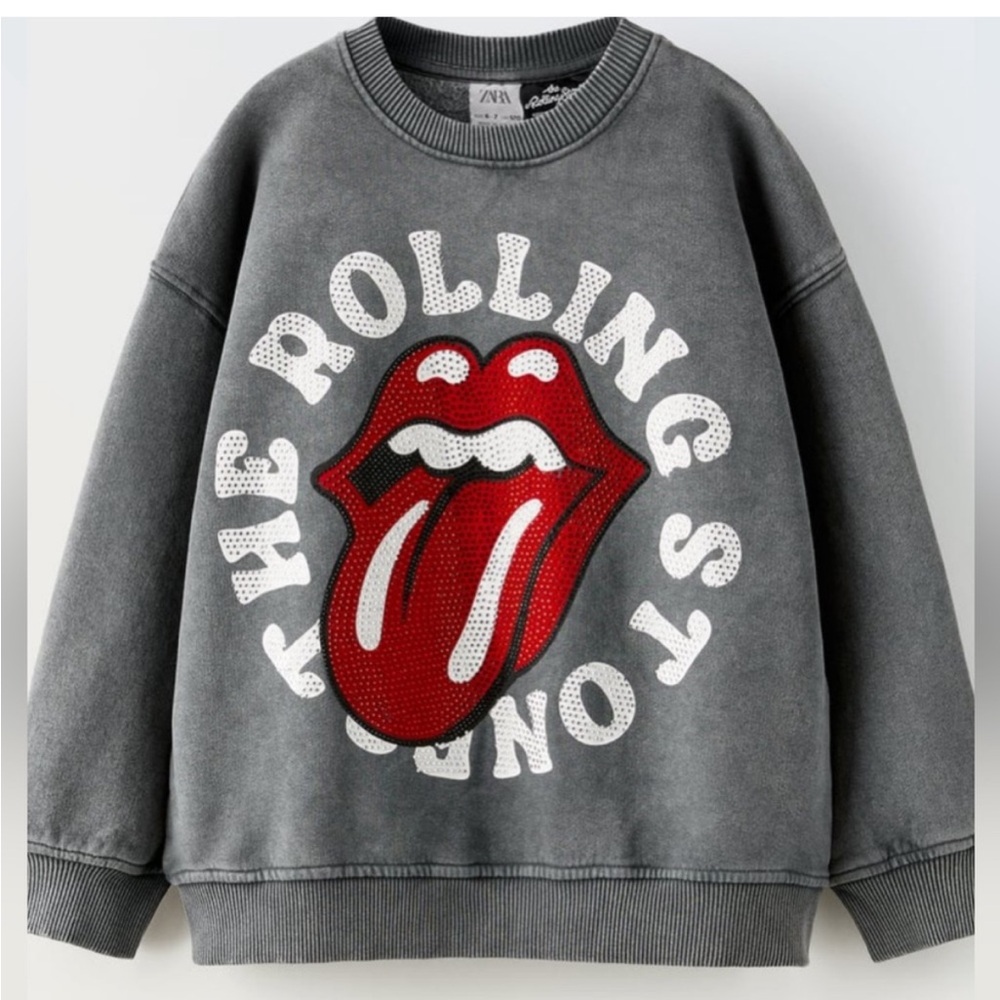 ZARA Kids Gray Pullover Sweatshirt with Red Rolling Stones Logo